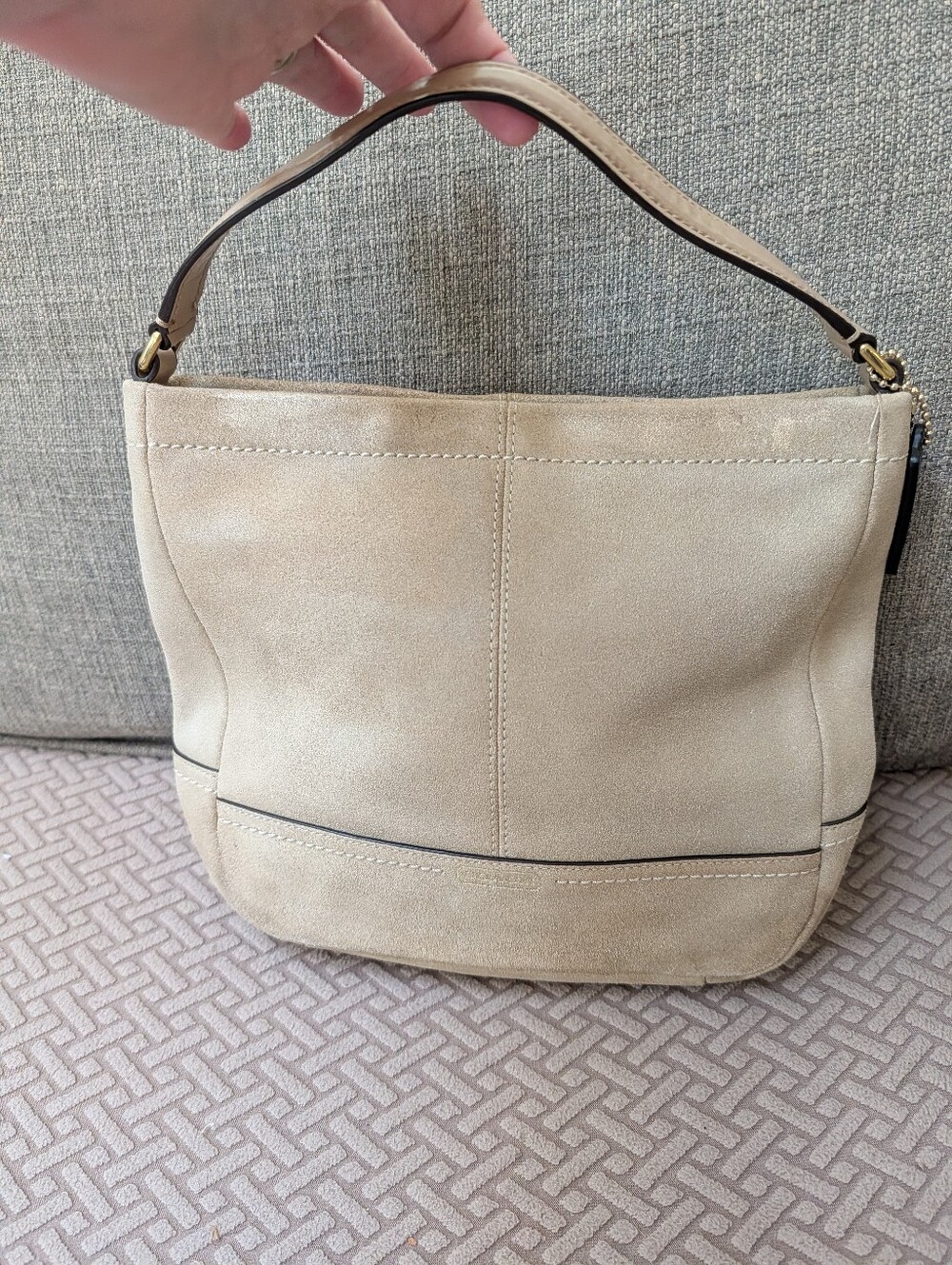 Coach Beige Suede Top Handle Bag with Leather Trim - Picture 2 of 12